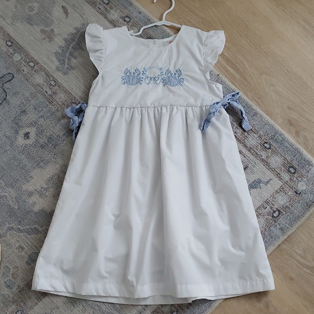 Stitchy Fish Girls Blue White Embroidered Applique Crab Dress Sz7